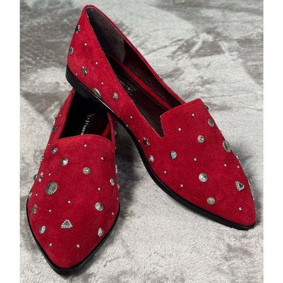 BCBGeneration Nikkola Red Suede Silver Studded Loafer Flats Womens Size 6 NEW - Picture 1 of 8